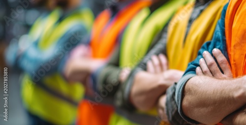 Workers dressed in safety vests standing in a row at a job site  