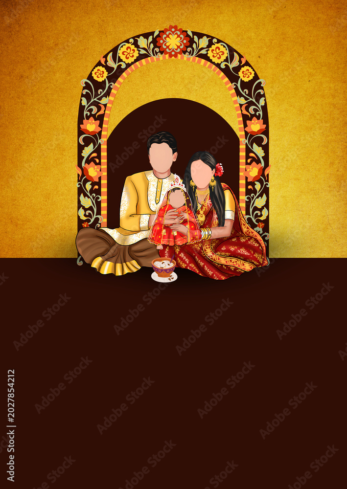 Fototapeta premium Gold and Maroon Elegant Traditional Annaprashan Ceremony Invitation