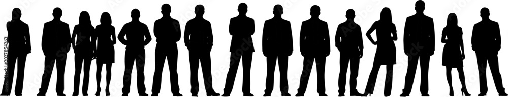 Fototapeta premium Row of business professional silhouettes in formal attire, symbolizing teamwork, corporate diversity, and organizational representation for design inspiration