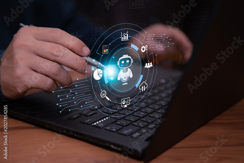 digital AI agent hologram. Artificial intelligence network projects autonomous business process integration for intelligent robotic workflow automation and data analysis management.