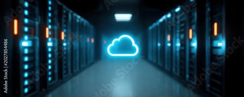 Obraz na płótnie Intensive computing and processing define the cloud platform as the infrastructure connects a fast network and a dedicated data server.