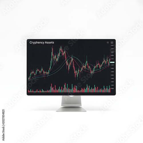 Desktop Computer Monitor Displaying Cryptocurrency Trading Interface and Stock Market Candlestick Chart Analysis Isolated on White Background