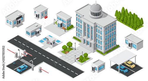 Billede på lærred Isometric urban city infrastructure vector illustration set, featuring modern bu