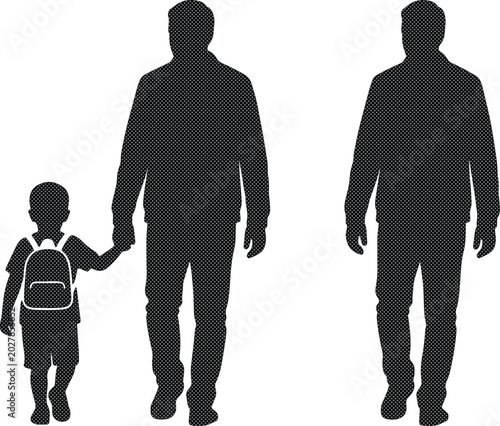 Father and son walking hand-in-hand, a heartwarming family silhouette. Dad and child together, a black vector illustration for parenting, childhood, and educational themes.