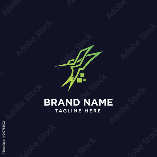 Abstract geometric flying bird and pixel technology logo design vector template