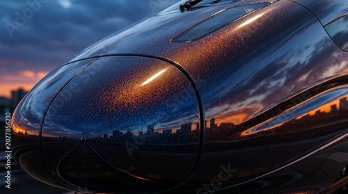 Futuristic transcontinental high-speed rail train with sleek aerodynamic design reflecting vibrant sunset sky and city skyline
