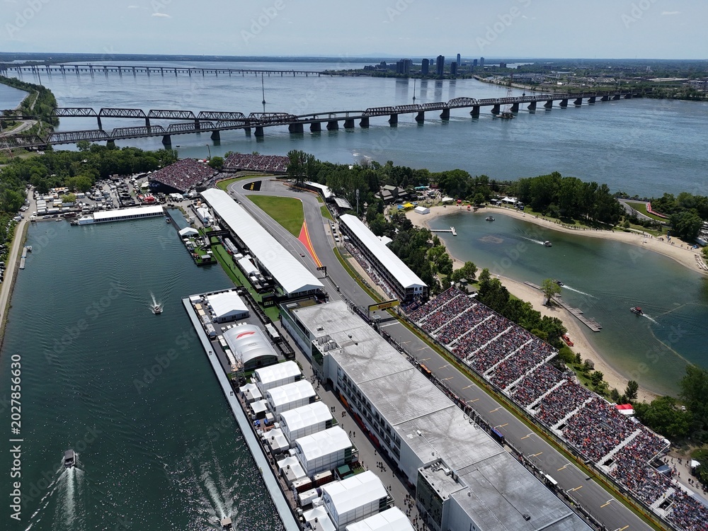 Obraz premium 14th of June 2025. Helicopter flight view of the Formula 1 Circuit Gilles Villeneuve in Montreal. Quebec, Canada