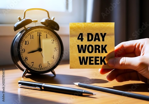 Hand holding yellow sticky note with 4 day work week text next to clock and pens on desk