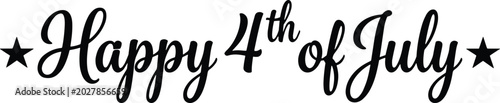 Happy 4th of July, elegant black script lettering with stars, patriotic American holiday celebration vector graphic, Independence Day greeting card element