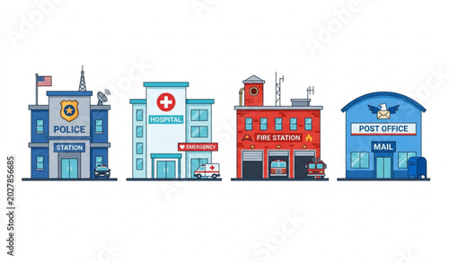 Fotografía City building icons set police hospital fire station post office vector illustra