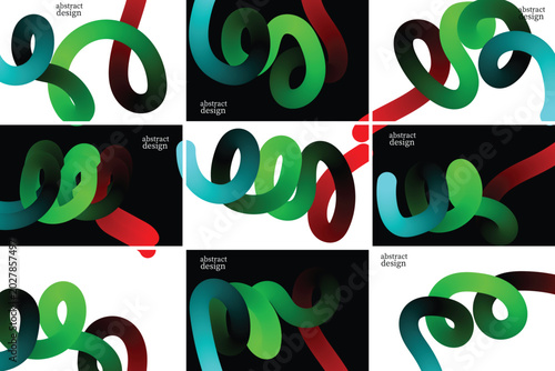 A vibrant collage of colorful abstract shapes arranged on a black and white background.