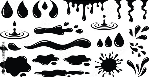 Black liquid drops and splashes vector set, ink drip and paint splatters, oil or water spill collection, isolated graphic design elements for abstract backgrounds and textures