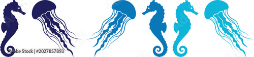 Foto Oceanic Seahorse and Jellyfish Vector Set, marine life silhouettes in deep blue