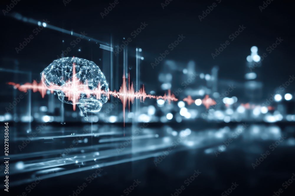 Obraz premium The artificial intelligence relies on a neural algorithm to translate a machine learning model datum into a symphony of sound waves vibrating through the air.
