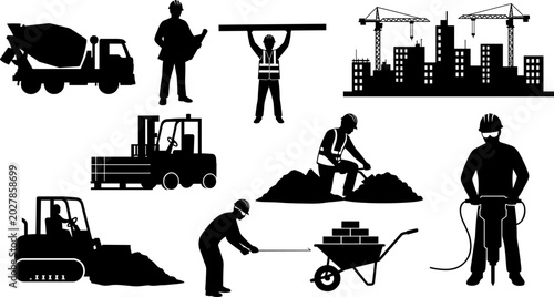 Bilde på lerret Construction industry silhouettes featuring heavy machinery, manual labor, urban