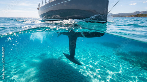 Sleek sailboat keel slicing crystal Mediterranean waters revealing luminous underwater elegance and nautical luxury experiences