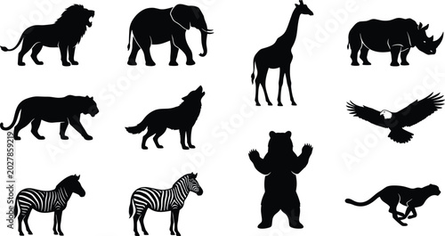 Bild auf Leinwand Minimalist black animal silhouettes featuring lion, elephant, giraffe, rhinocero