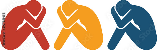 Cuadro en lienzo Depressed people vector icon set, three colorful figures representing sadness and anxiety
