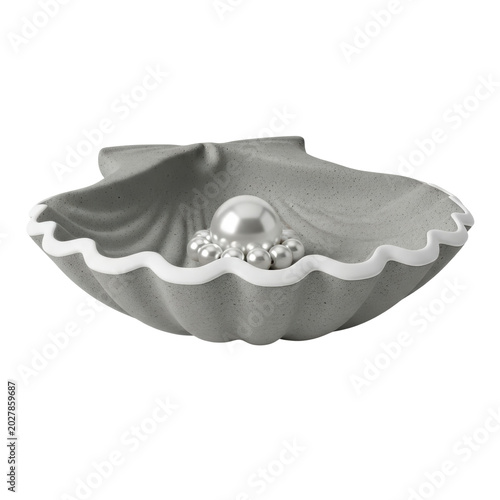 Gray seashell decorative jewelry dish holding pearls with transparent backdrop
