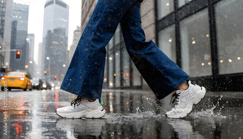 Close up of a woman legs in trousers and sneakers walking forward in a modern city.
