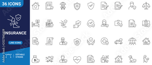 Fotografi Insurance set icon featuring minimalist outline illustrations of health protection, life coverage, and family security