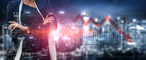 Canvas Print Economic caution visualized with fluctuating market graph, alert symbols, and negative data trends