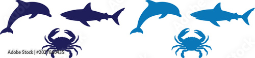 Foto Marine animal silhouettes vector set, deep blue and light blue ocean creatures,