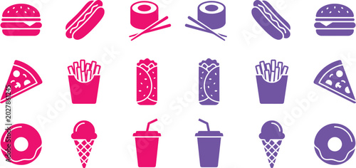 Fast food and snack icons, a vibrant collection of pink and purple vector illustrations. Modern flat design elements for menus, apps, and digital marketing. Quick service restaurant graphics.