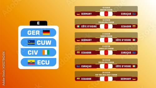 World Soccer Football Championship Group E Stage Fixtures Schedule Vector Illustration