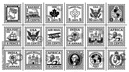 Collection of vintage postage stamps.