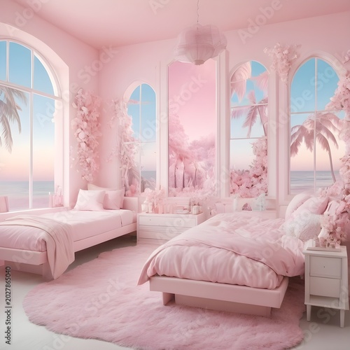 Surreal Tropical Landscape with Pink Clouds and Palm Trees