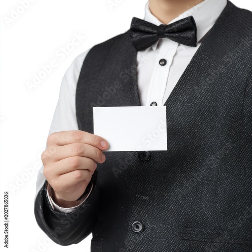 Elegant Introduction: A hand extends a blank business card, offering a clean slate for contact information or a personal message, presented by a formally dressed individual.