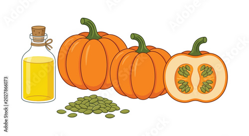 Foto Pumpkins seeds and oil in a cartoon illustration