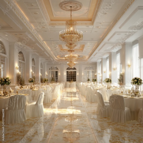 Grand Ballroom Elegance: An opulent ballroom decorated for a lavish event, featuring long banquet tables adorned with white linens and floral centerpieces.