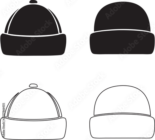 Minimalist Winter Beanie Silhouette and Line Art Icon Collection Set