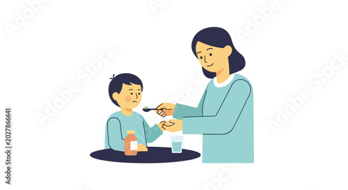 Tableau sur toile A mother gives liquid medicine from a spoon to her sick young son, who looks unwell while sitting at a table with a glass of water