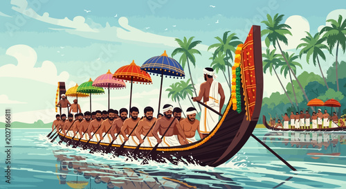 Obraz na płótnie Men rowing traditional snake boat in Kerala backwaters during festival