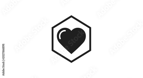 Minimalist black heart icon inside a hexagon frame