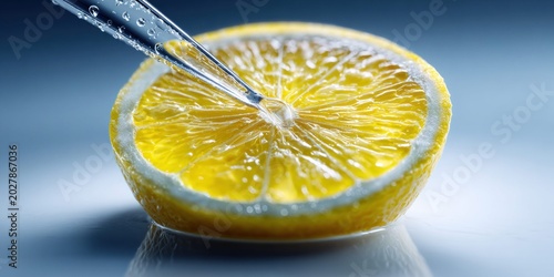 Close-up macro shot of a juicy lemon slice with water droplets and a pipette