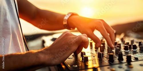 DJ hands skillfully adjusting controls on a mixer during a golden hour outdoor event