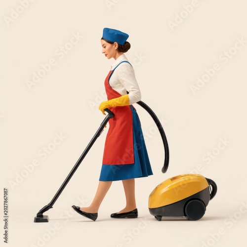 Professional cleaner at work: A woman in a cleaner uniform diligently vacuums the floor, embodying tidiness and efficiency with her focused demeanor.
