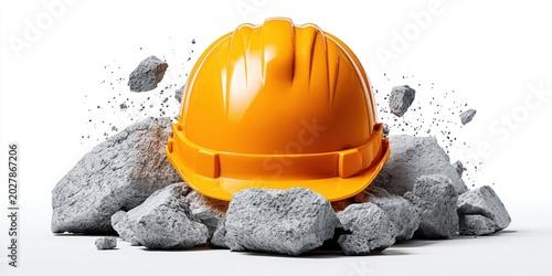 Orange construction helmet rests on broken rocks, symbolizing safety and resilience