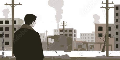 Obraz na plátně Illustration of a man overlooking a ruined cityscape somber tone