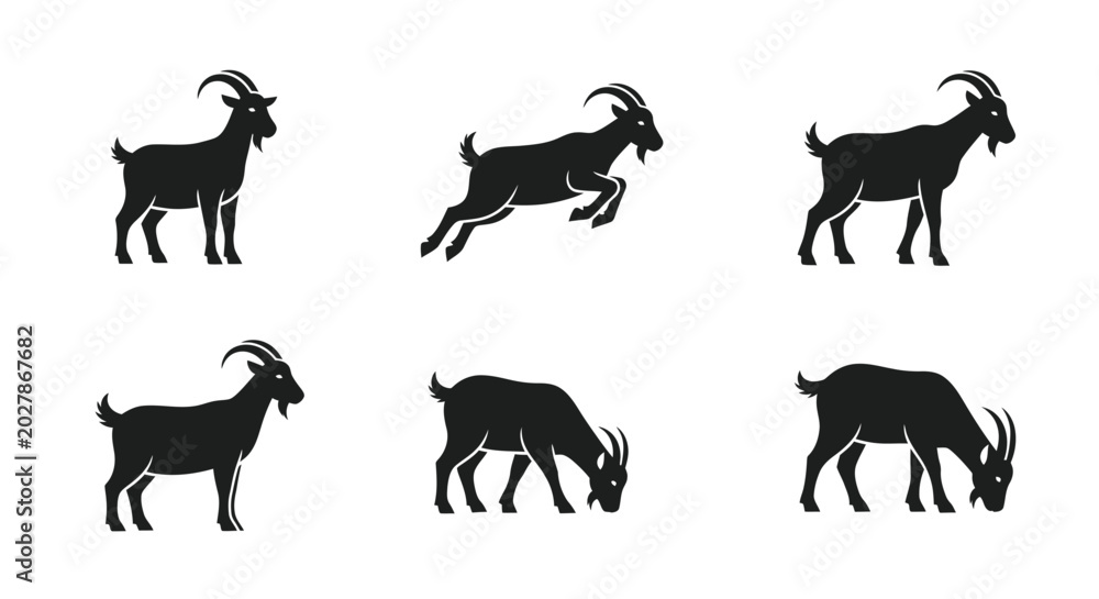 Fototapeta premium Collection of black goat silhouettes in various dynamic and static postures, ideal for agricultural design elements and farm animal illustrations