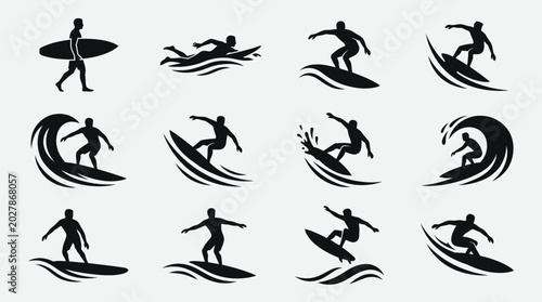 A collection of minimalist flat vector silhouettes of surfers in different surfing poses.