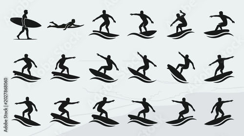 A collection of minimalist flat vector silhouettes of surfers in different surfing poses.