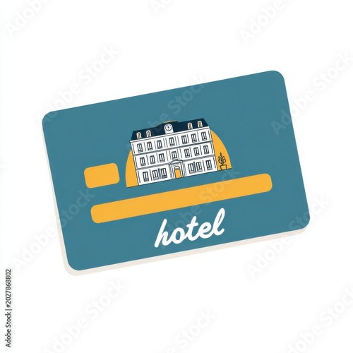 Hotel Key Card Illustration: A stylized illustration of a hotel key card featuring a drawing of a building and the word hotel on a teal and yellow background.