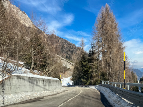 Scenic Mountain Road Leading Through Forested Peaks Under a Blue Sky,Italy