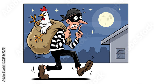 Thief Stealing Chicken at Night Under Full Moon