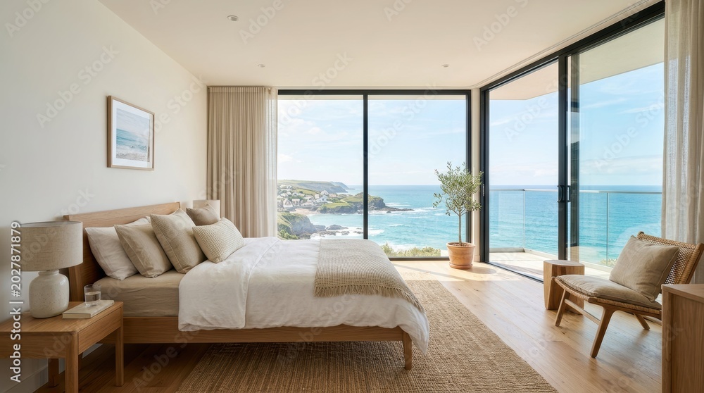 Fototapeta premium Serene bedroom with breathtaking ocean views and coastal village scenery